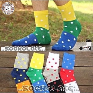 ถุงเท้าแฟชั่น ลายจุด polka dot สลับ3สี ทรีโทน ถุงเท้าข้อสูง ข้อยาว แฟชั่นชาย