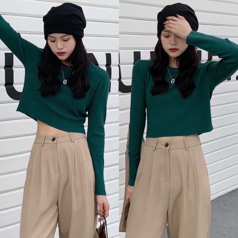 Lady_Sakura 450/BB#เสื้อแฟชั่นเกาหลีเเขนยาว#เสื้อครอปไหมพรมคอกลมเนื้อผ้านุ่ม