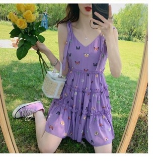 ชุดเดรส‼️พร้อมส่ง 🦋N e w w w w w -งานนำเข้า พร้อมส่ง- Purple butterfly dress มินิเดรสสายเดี่ยวสีม่วงโทน