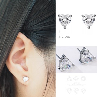 ต่างหูเพชรไฮโซ รูปหัวใจ CZ Diamond 6mm เคลือบทองคำขาว สำหรับคนแพ้ง่าย