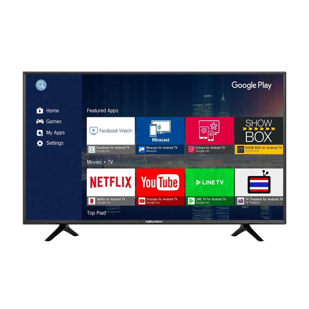 Worldtech 40 นิ้ว Android Digital Smart TV แอนดรอย สมาร์ททีวี HD Ready YouTube/Internet ฟรีสาย HDMI (2xUSB, 3xHDMI) (ผ่อ