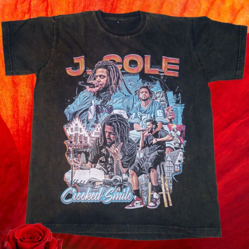 J Cole Crocked Smile Vintage Wash Rap Tee/Rapper Music เสื้อยืด J Cole Crocked Smile Vintage Wash Un