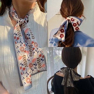 Korean French elegant long silk scarf bow tie hair band net celebrity ins wild lazy letters narrow Flowers side scarf women headwear