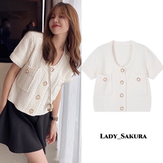 Lady_sakura✨Z611-1/XH.BC#เสื้อแฟชั่นเกาหลีคอกลมกระดุม6เม็#เสื้อสเวตเตอร์เเละคาร์ดิเเกนแขนสั้นเเต่งกระเป๋าหน้า2ข้าง