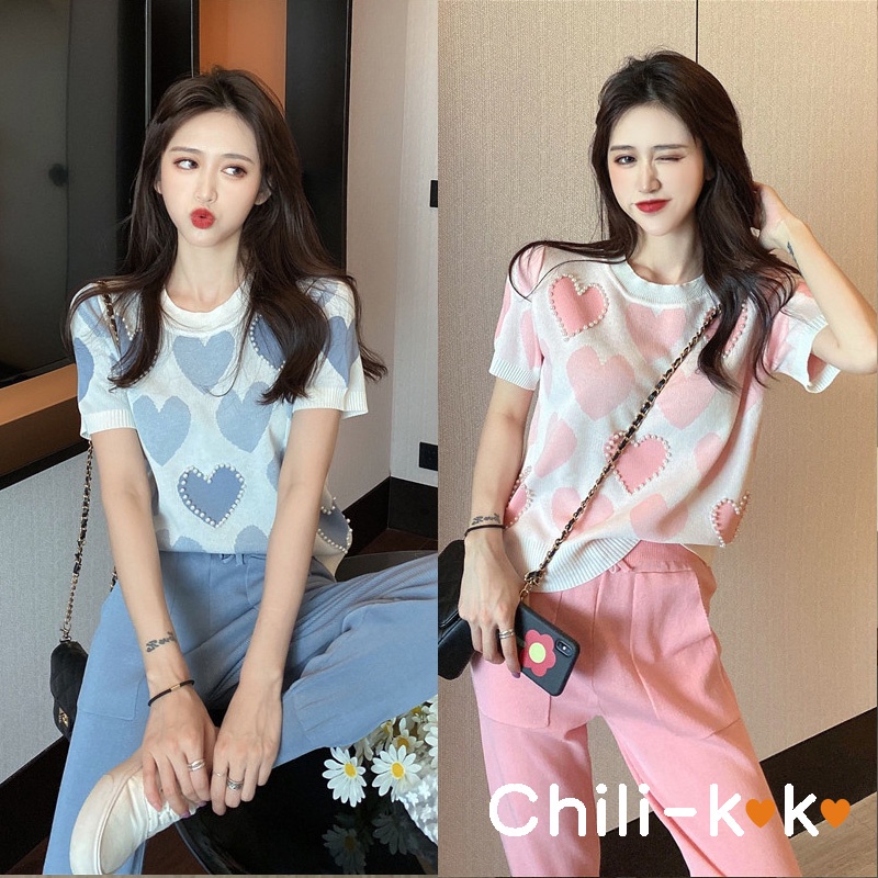 Dahong เสื้อไหมพรมแขนสั้น ลายหัวใจติดมุก สุดน่ารัก กำกังมาแรง 51025#