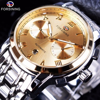 Forsining Waterproof Stainless Steel Golden Luxury Design Calendar Mens Mechanical Watches Top Brand Luxury Automatic Cl