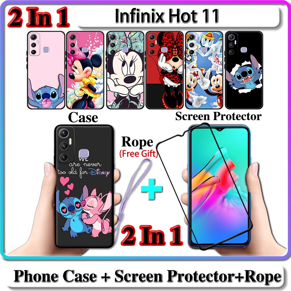 2 IN 1 เคส Infinix Hot 11 พร้อมกระจกนิรภัยกันรอยหน้าจอโค้ง เซรามิค ลาย Stich และ Minnie