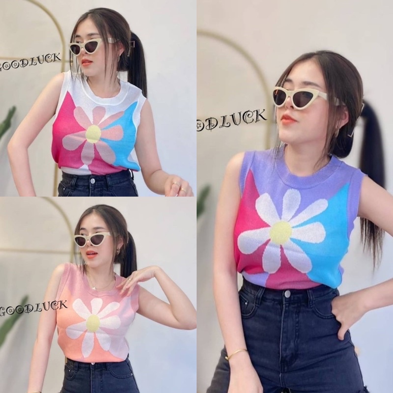 🌈MesubShop🌈 เสื้อกล้ามครอป ผ้าไหมพรมแขนกั๊ก🧡💚💜 ใบพัด B-013-4-B