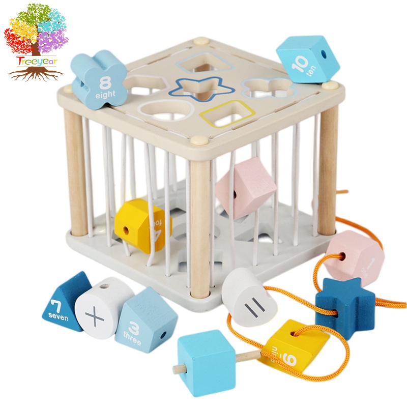 Treeyear 2-in-1 ลูกบาศก์ไม้มอนเตสซอรี่ 12 เดือน พร้อมบล็อกไม้ หลากสี 12 ชิ้น เสริมพัฒนาการเด็ก