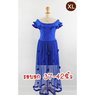 E2179-6-XL-ชุดราตรียาวคนอ้วน-เปิดไหล่ระบาย สีน้ำเงิน ผ้าสแปนเด็กซ์ยืด มีกระโปรงผ้าตาข่ายซีทรูยาวประดับดอกไม้ด้านนอก