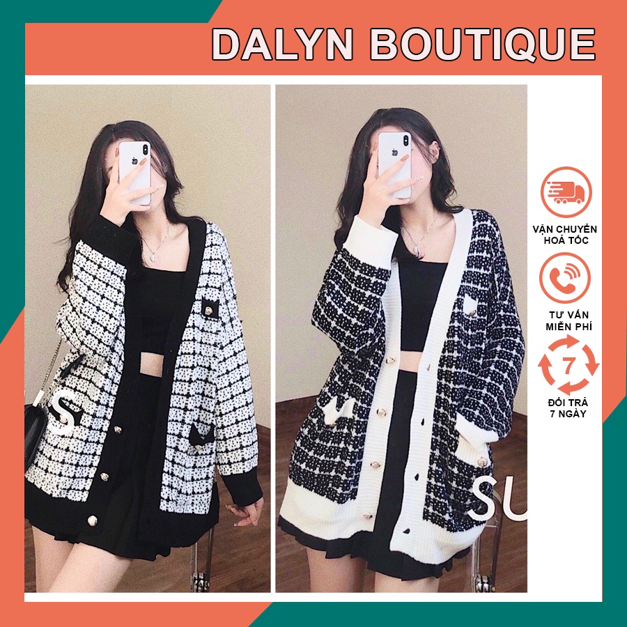 เสื้อสเวตเตอร์คาร์ดิแกนลายสก๊อตสีดําและสีขาวขนสัตว์หลวมสุดน่ารัก - DALYN สินค้ากวางโจวระดับพรีเมียม