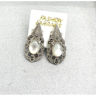 ต่างหูเงินแท้925 ตัวเรือนเงินแท้ประดับมาร์คาไซท์&amp;มุก(Marcasite Earring)