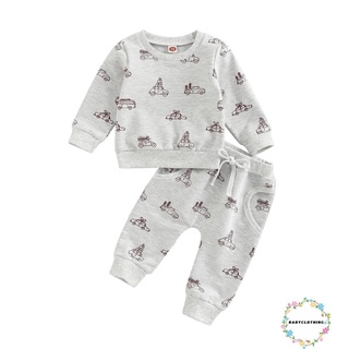 Babyclothes- ชุดกีฬา เสื้อแขนยาว พิมพ์ลายรถคริสต์มาส และกางเกงลําลอง ผ้ายืด สําหรับเด็กผู้หญิง และเด็กผู้ชาย