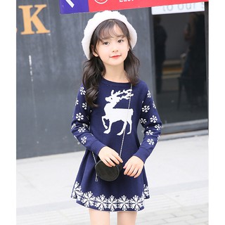 ชุดเดรสแขนยาวคอตต้อนผ้ายืดลายกวางเรนเดียร์ Girl sweaters reindeer knit dress