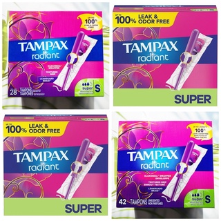 (Tampax®) Radiant Super Plastic Tampons 28, 42 Count ผ้าอนามัยแบบสอด สำหรับวันมามาก ป้องกันการรั่วซึม ปราศจากกลิ่นได้ถึง