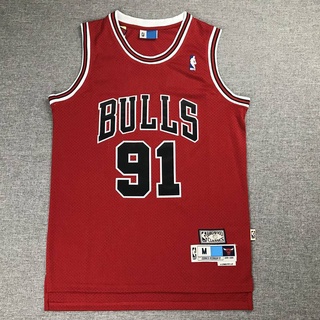 เสื้อกีฬาแขนกุดลําลอง ลาย Nba Jersey Chicago Bulls No.91 Rodman สีแดง สไตล์เรโทร พลัสไซซ์