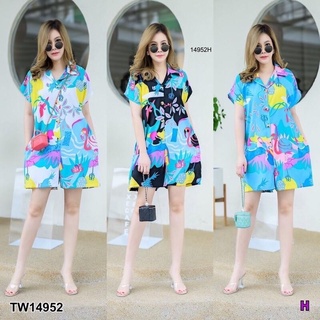 PE14952 Jumpsuit #สาวอวบ จั้มสูทสั้น คอปก