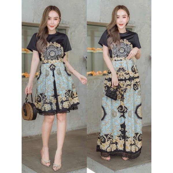 ชุดเซต Vesace เสื้อยืด+กระโปรง set versace ต่อชายลูกไม้ พิมพ์ลายคมชัด ทรงสวย แต่งชายลูกไม้สวยๆ ผ้าดี