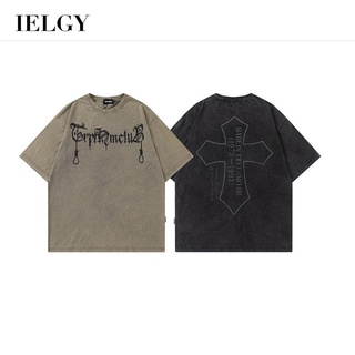 Ielgy เสื้อแขนสั้น ลายไม้กางเขน แนวสตรีท สไตล์เรโทร สําหรับผู้ชาย