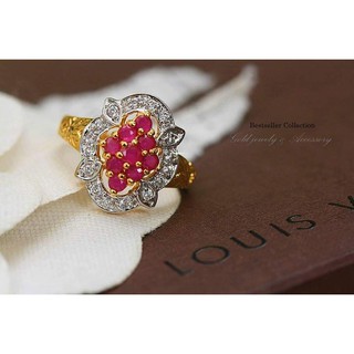 แหวนทับทิมสีชมพูเพชร CZ แท้ชุบทอง 5 ไมครอน