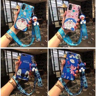 เคส-Samsung A52 A72 Note 9 Note 10 Plus A5 2017 A6 2018 A6 Plus A7 2107 A7 2018 A8 Plus A9 2018 A9s 3D Cartoon Fashion Cute Doraemon and Stitch Soft Case Cover with Holder Lanyard