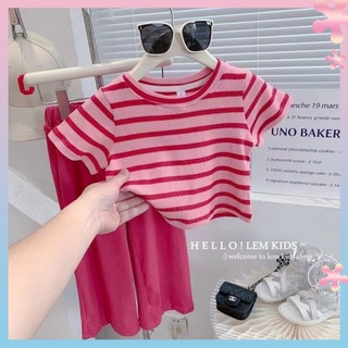 Girls Korean style childrens clothing 2022 summer new fashionable western style striped short-sleeved top cold wide-leg pants two-piece suit