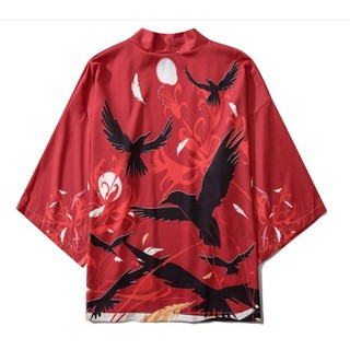 เสื้อคลุม เสื้อคลุมกิโมโน ลายกาดำ ฮาโอริ เสื้อฮัปปิ ลายญี่ปุ่น