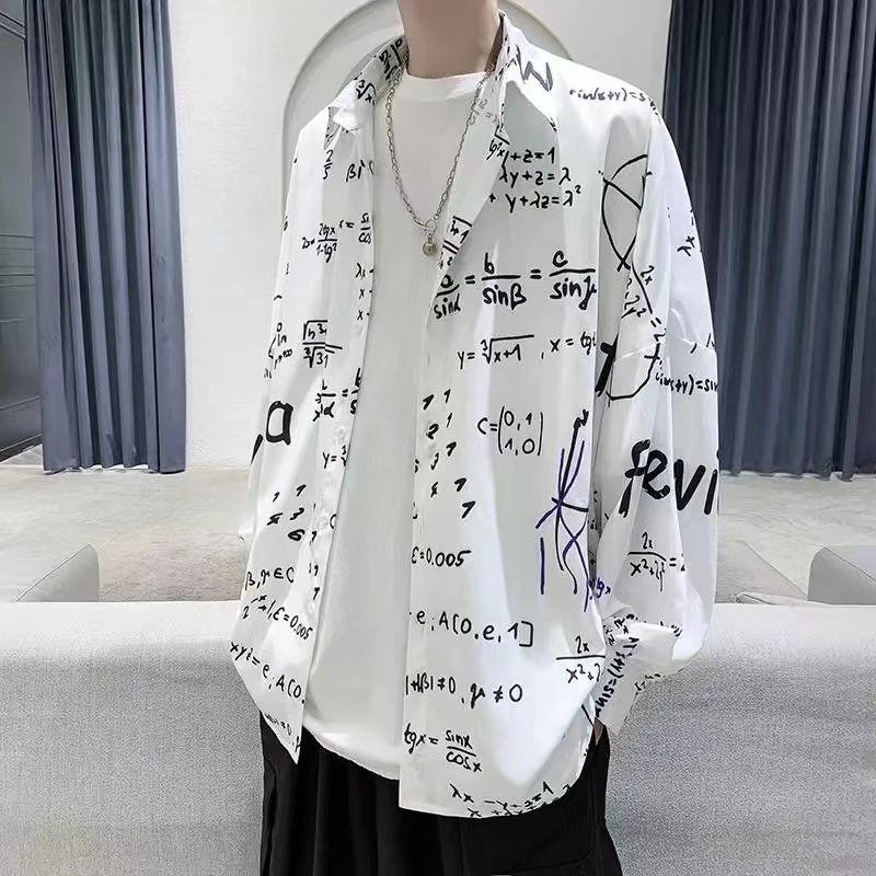 เสื้อเชิ้ตแขนยาว ทรงหลวม พิมพ์ลาย สวมใส่สบาย ขนาดใหญ่ สไตล์เกาหลีใต้ แฟชั่นสําหรับผู้ชาย