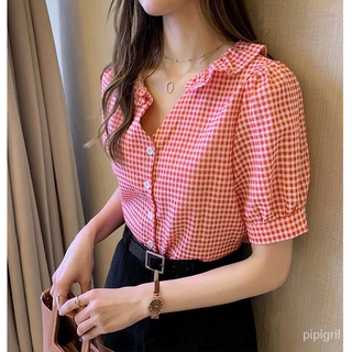 👗สื้อผ้าแฟชั่นผู้หญิง  เสื้อเชิ๊ต เสื้อชีฟองแขนสั้น ลายสก๊อต ทรงหลวม สไตล์เกาหลี เสื้อชีฟองหญิง
