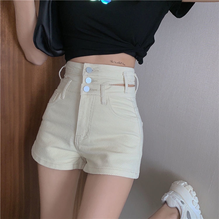 S-XL 🍉 Apricot เกาหลีสไตล์กางเกงขาสั้นผ้ายีนส์เอวสูงทรงสลิมกางเกงขาสั้นผ้ายีนส์ตรงการออกแบบบางกลวงเครื่องมือ A - Line ก