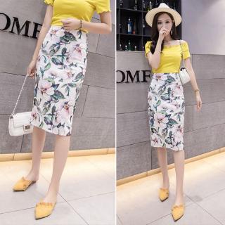 European Station Printing Bag Hip Skirt 2020 Summer New Professional Bag Hip Slit Skirt over the Knee Medium-Length A-Line