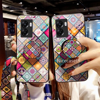 Phone Case เคส OPPO A77 5G A57 A96 A76 Reno7 Z 7 Pro 5G เคสโทรศัพท with Magnetic Stand and Lanyard Hard Casing Plaid Flower Pattern Glass Phone Back Cover