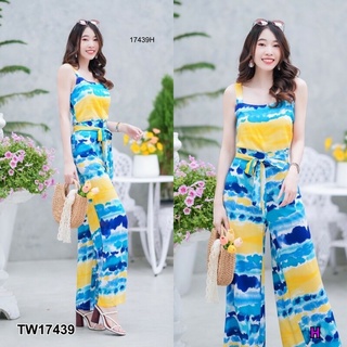 TW17439 Set 2 ชิ้น ลายมัดย้อมสปัน เสื้อสายเดี่ยวลายมัดย้อมสปัน ทรงปล่อย ใส่สบาย + กางเกงขายาวดีเทลผ่าด้านข้าง เอวยางยืด