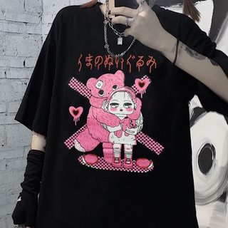 เสื้อยืดลําลองสําหรับสตรีแขนสั้นพิมพ์ลาย Anime Steampunk E - Girl Y2K Esthetics