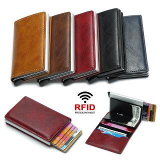 กระเป๋าสตางค์ หนัง PU อลูมิเนียม RFID ป้องกันบัตรเครดิต สําหรับผู้ชาย