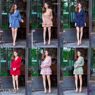 TwinsShopVip💗พร้อมส่ง TW10350 จั๊มสั้นคอวีแขนยาว