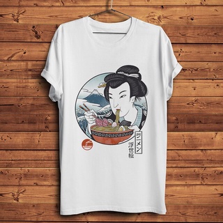 เสื้อยืดผู้ชาย Gildan เสื้อยืดผ้าฝ้าย 100% พิมพ์ลาย Ukiyoe Geisha Ramen สีขาว สไตล์วินเทจ สําหรับผู้ชาย S-5XL