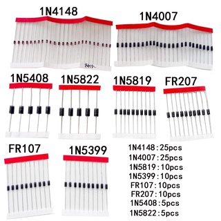 ชุดไดโอดช็อตสกี 8 Values1N4148 1N4007 1N5819 1N5399 1N5408 1N5822 FR107 FR207 100 ชิ้นต่อล็อต