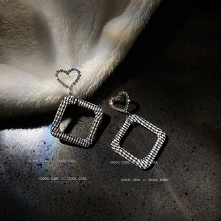 925 silver needle flannel diamond heart square earrings Korean style black and white contrasting floral earrings tempera