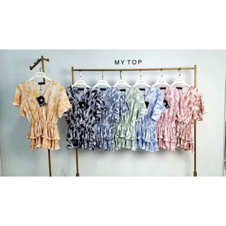 🔥Sale🔥&lt;อก34-40"&gt;เสื้อพลีทไขว้อก ลายหินอ่อน Mytop