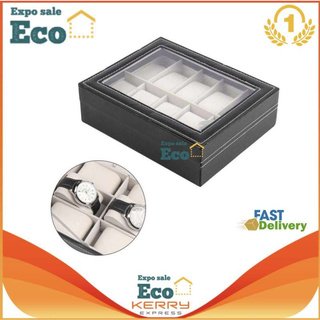 Eco กล่องนาฬิกา กล่องเก็บนาฬิกาข้อมือ กล่องใส่นาฬิกา 10 เรือน ฝากระจก กล่องใส่เครื่องประดับ Leather Watch Box (Black)