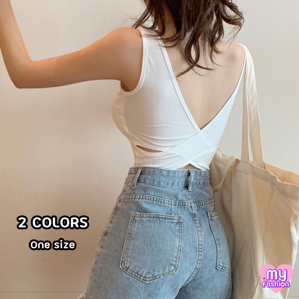 MYF มาใหม่เสื้อกล้ามแต่งเว้าด้านหลังสายไขว้แฟชั่น 2 สี