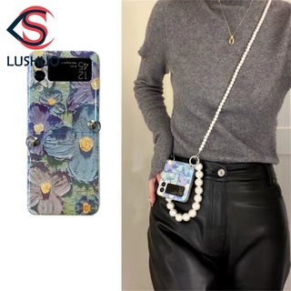 Lushuo เคสโทรศัพท์มือถือ ลายดอกไม้ พร้อมสร้อยข้อมือ ประดับมุก เรียบง่าย สําหรับ Samsung Galaxy Z Flip 3 5G Z Flip3 ZFlip3 ZFlip 3