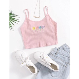 เสื้อสายเดี่ยว crop top ลายปัก สีชมพูพาสเทล XS,S,M,L,XL แบรนด์SHEIN แท้ พร้อมส่ง