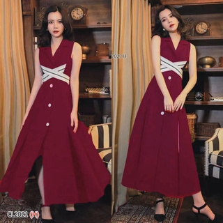 CL2021-RED แม็กซี่เดรส แขนกุด คอปกสูท คอวีแหวกลึก ด้านหน้าผ่าติดกระดุมสีขาวเม็ดใหญ่เก๋ๆ ด้านหน้าและด้านหลังตีเกล็ดทรงสวย