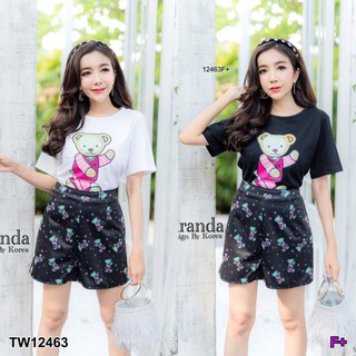 SS12463 Shirt Set เสื้อคอกลม+กางเกงขาสั้น พิมพ์ลายน้องหมี