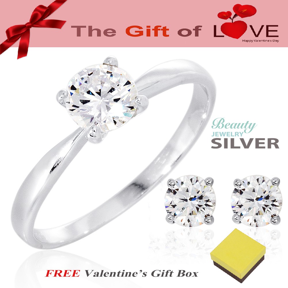 Beauty Jewelry ชุดเซ็ตต่างหู + แหวน Valentine's วาเลนไทน์ เงินแท้ 925 ประดับเพชรสวิส CZ รุ่น SS2053-RR เคลือบทองคำขาว