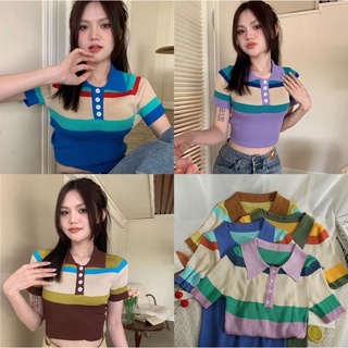 Ey_shop688พร้อมส่ง✨#1388/AC.E#เสื้อครอปคอปกผ้าไหมพรมแขนสั้น #เสื้อผ้าไหมพรมแต่งกระดุมหน้า4เม็ด💕