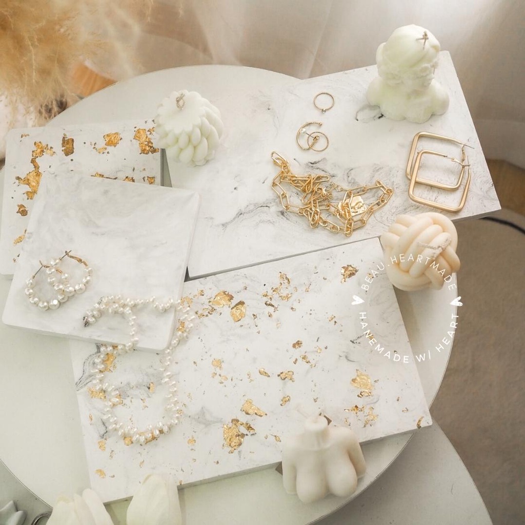 ถาดปูน จานปูน เรียบแบน(ไม่มีขอบ) ลายหินอ่อน (ใส่ทอง/ไม่ทอง) ถาดวางของ จานรองตกแต่งบ้าน จานรองเครื่องประดับ ของตกแต่งบ้าน - รูปที่ 3