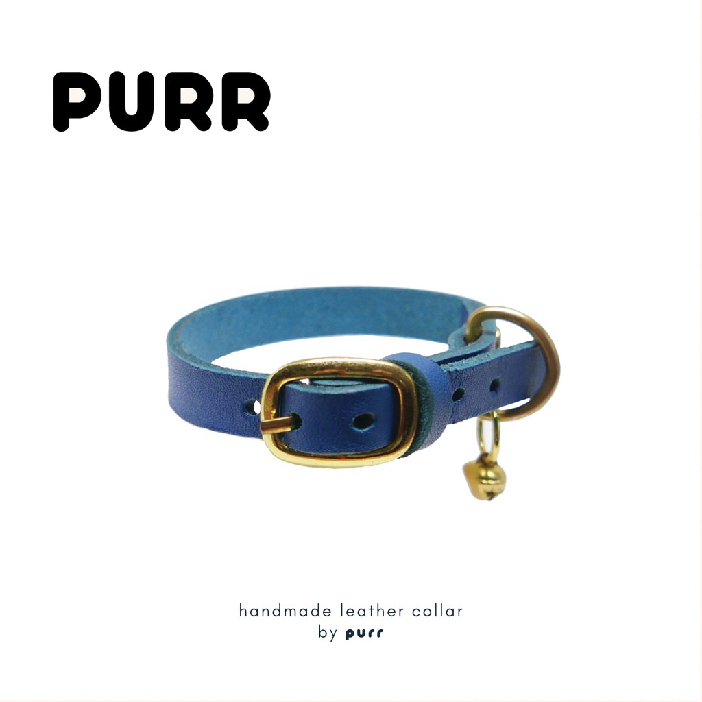 (หนังแท้) ปลอกคอแมวและสุนัขเล็ก - สีน้ำเงิน (Eric | Handmade Collar)